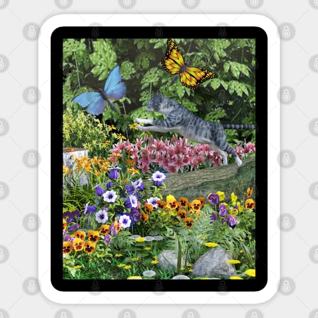 Mog Catching Butterflies Sticker by Viking Visual - Lori Svensen